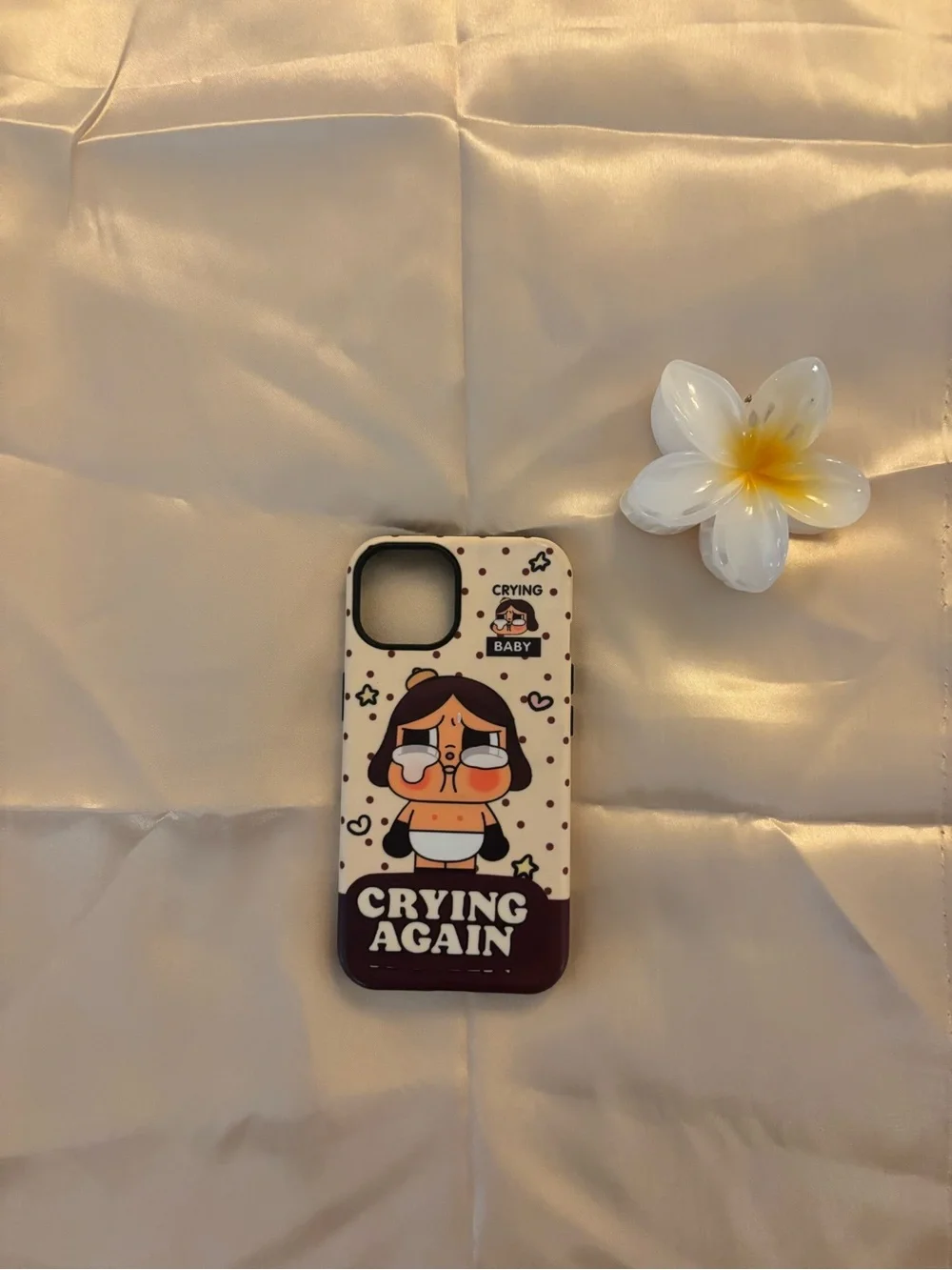 Cute 'Crying Again' Cartoon Phone Case - Beige & Brown